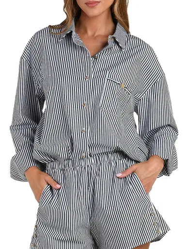 L'AGENCE Women's Lorena Voyage Striped Cotton Cover-Up Shirt - Black | Thumbnail 3