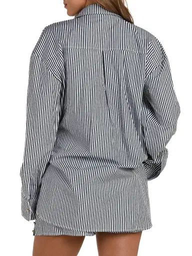 L'AGENCE Women's Lorena Voyage Striped Cotton Cover-Up Shirt - Black | Thumbnail 4