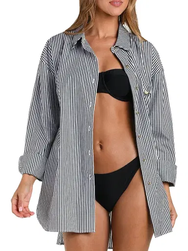 L'AGENCE Women's Lorena Voyage Striped Cotton Cover-Up Shirt - Black | Thumbnail 5