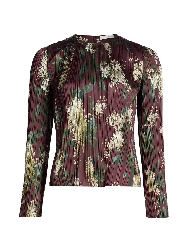 Vince Women's Floral Micro-Pleated Crewneck Top - Dark Bordeaux