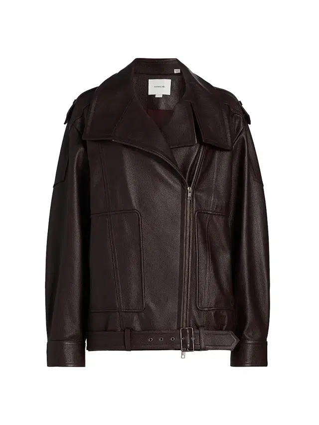 Vince Women's Oversized Leather Biker Jacket - Dark Fig