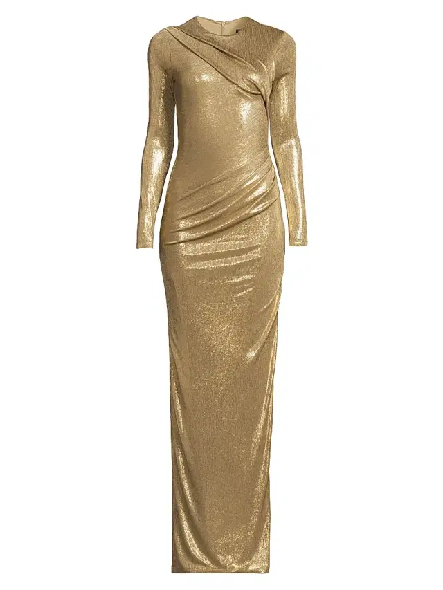 Women's Marika Draped Metallic Long-Sleeve Gown - Liquid Gold