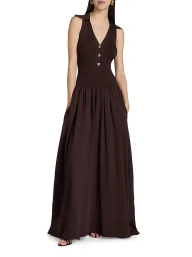 Self-Portrait Women's Rib-Knit V-Neck Maxi Dress - Brown | Thumbnail 2