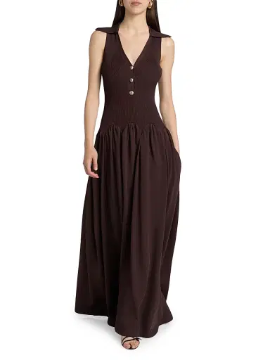 Self-Portrait Women's Rib-Knit V-Neck Maxi Dress - Brown | Thumbnail 3