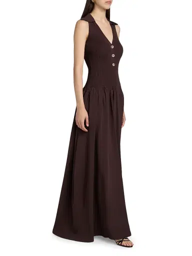 Self-Portrait Women's Rib-Knit V-Neck Maxi Dress - Brown | Thumbnail 4