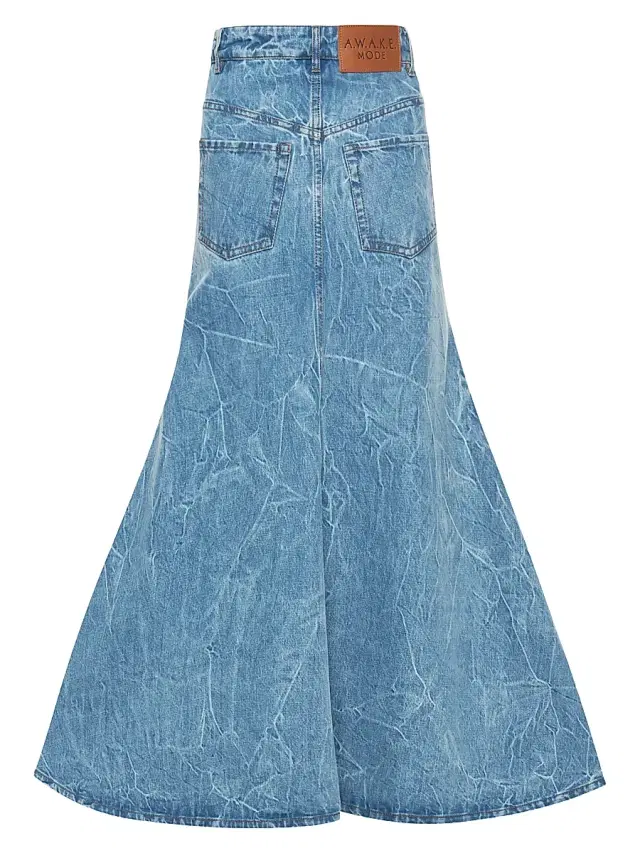 Women's Acid Wash Denim Flared Maxi Skirt - Indigo Acid Wash