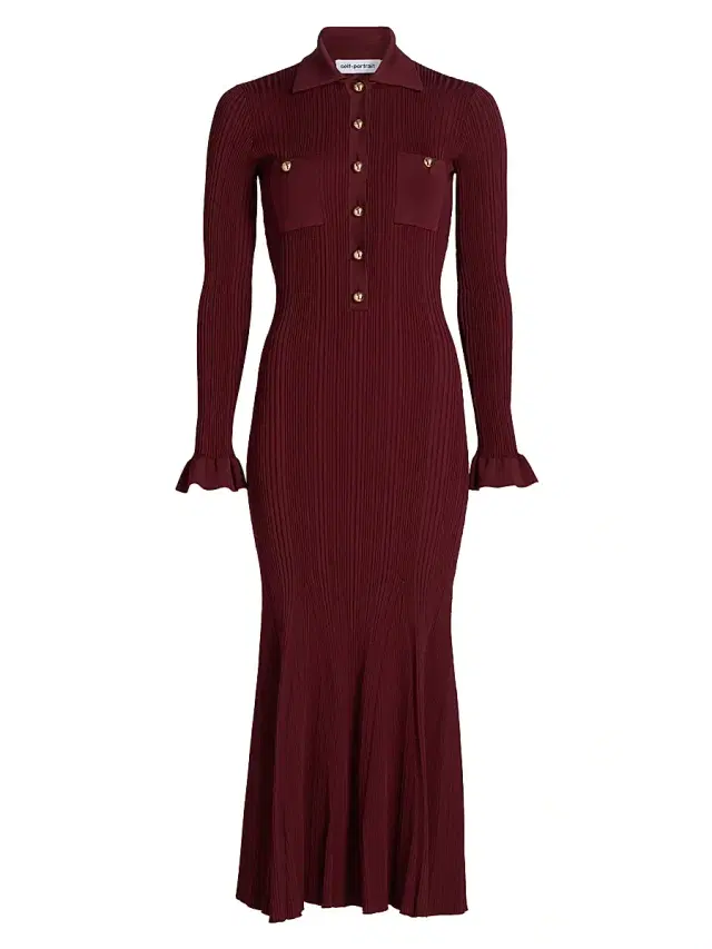 Self-Portrait Women's Rib-Knit Half-Button Midi-Dress - Burgundy