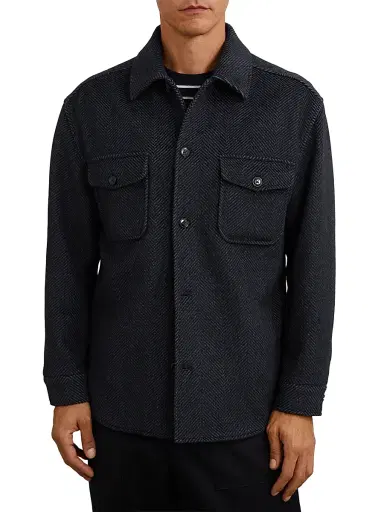 Reiss Men's Compton Herringbone Overshirt - Navy | Thumbnail 3