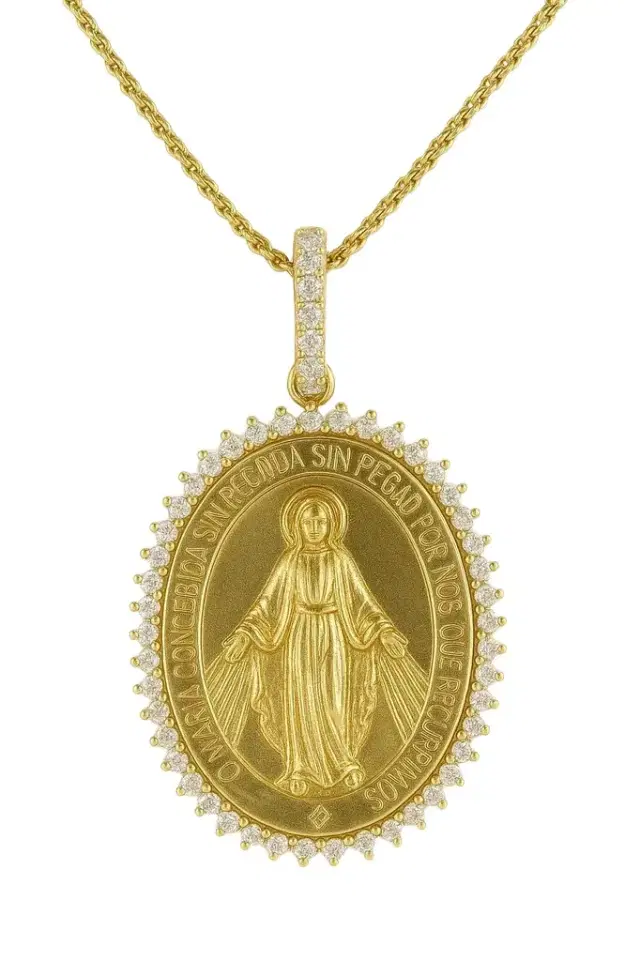 0.55ct Diamond 18K Gold Our Lady of __ Pendant Necklace