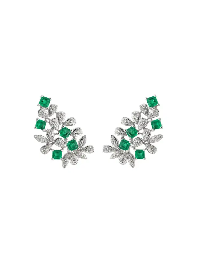 2.88ct Diamond Emerald 18K Gold Leaf Earrings