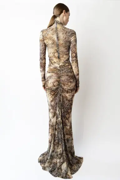 Lapointe Printed Mesh Halter Ruched Gown | Thumbnail 2
