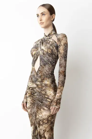 Lapointe Printed Mesh Halter Ruched Gown | Thumbnail 3