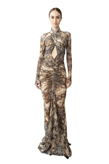 Lapointe Printed Mesh Halter Ruched Gown | Thumbnail 1