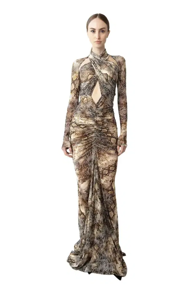 Printed Mesh Halter Ruched Gown