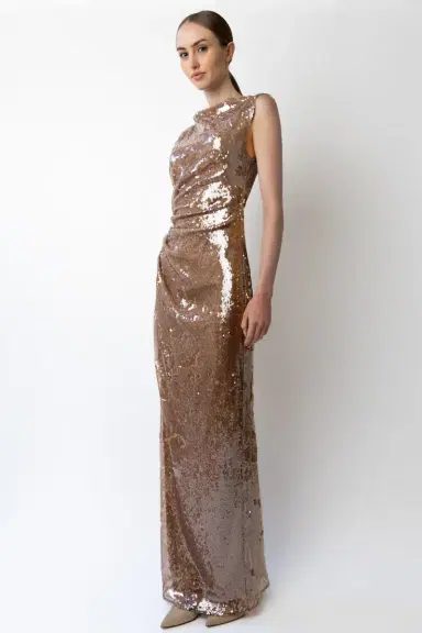 LAPOINTE Sheer Sequin Ruched Gown With Slit | Thumbnail 3