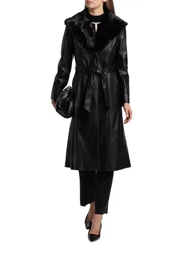 Elie Tahari Women's Veda Faux Fur-Trim Faux-Leather Tie-Waist Coat | Thumbnail 3 Elie Tahari Women's Veda Faux Fur-Trim Faux-Leather Tie-Waist Coat | Thumbnail 3