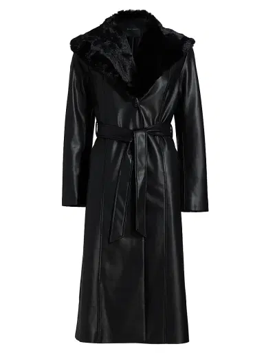 Elie Tahari Women's Veda Faux Fur-Trim Faux-Leather Tie-Waist Coat | Thumbnail 1 Elie Tahari Women's Veda Faux Fur-Trim Faux-Leather Tie-Waist Coat | Thumbnail 1