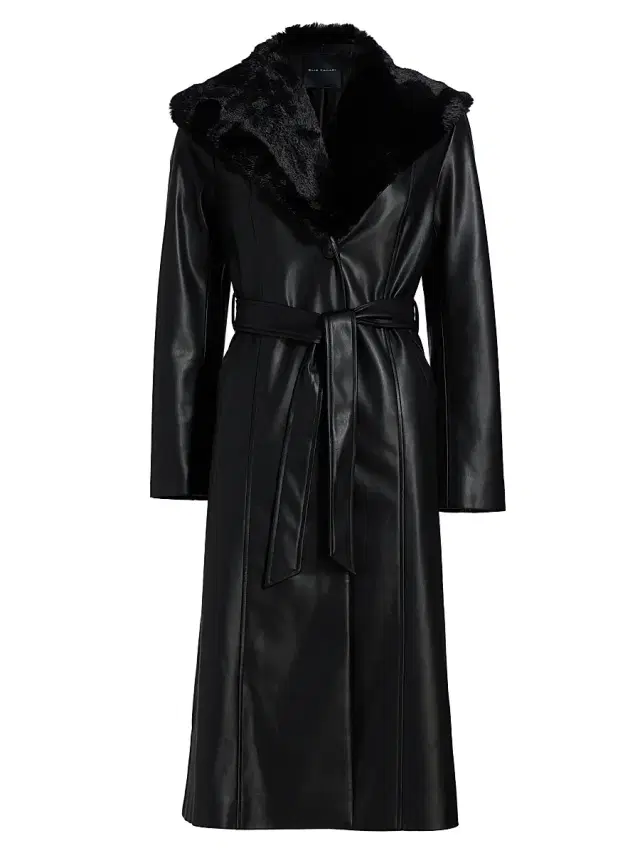 Elie Tahari Women's Veda Faux Fur-Trim Faux-Leather Tie-Waist Coat - Noir