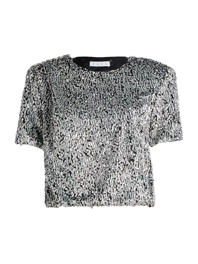 Women's Metallic Beaded Crop T-Shirt - Silver