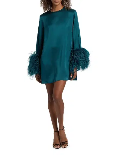 LaPointe Women's Feather-Cuff Satin Shift Minidress - Teal | Thumbnail 2 LaPointe Women's Feather-Cuff Satin Shift Minidress - Teal | Thumbnail 2