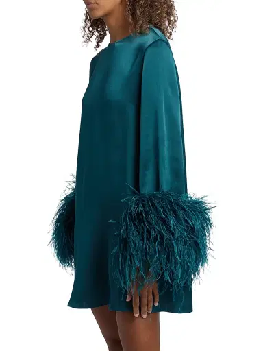 LaPointe Women's Feather-Cuff Satin Shift Minidress - Teal | Thumbnail 4 LaPointe Women's Feather-Cuff Satin Shift Minidress - Teal | Thumbnail 4