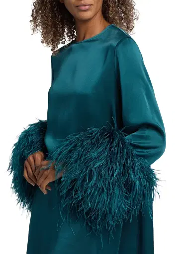 LaPointe Women's Feather-Cuff Satin Shift Minidress - Teal | Thumbnail 6 LaPointe Women's Feather-Cuff Satin Shift Minidress - Teal | Thumbnail 6
