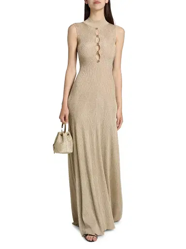 Self-Portrait Women's Cut-Out Metallic Rib-Knit Maxi Dress - Gold | Thumbnail 2