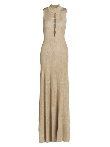 Self-Portrait Women's Cut-Out Metallic Rib-Knit Maxi Dress - Gold | Thumbnail 1
