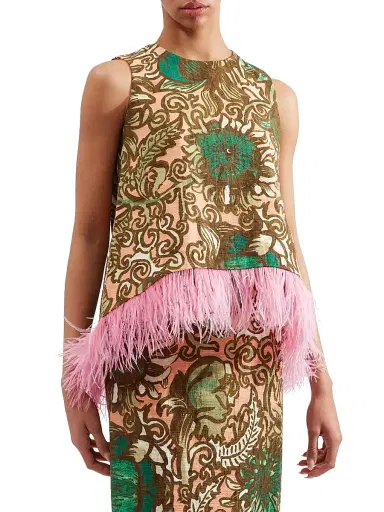 La DoubleJ Women's La Scala Top with Feathers - Anemone Pink Olive | Thumbnail 3
