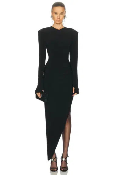 Norma Kamali Long Sleeve Shoulder Pad V Neck Side Drape Gown | Thumbnail 2
