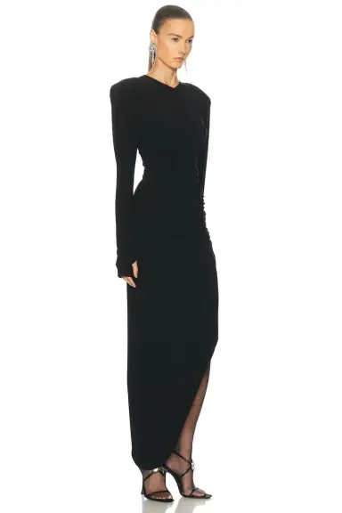 Norma Kamali Long Sleeve Shoulder Pad V Neck Side Drape Gown | Thumbnail 3