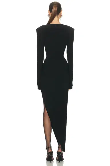 Norma Kamali Long Sleeve Shoulder Pad V Neck Side Drape Gown | Thumbnail 5