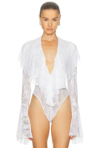 Norma Kamali Long Sleeve Deep V Ruffle Bodysuit | Thumbnail 2