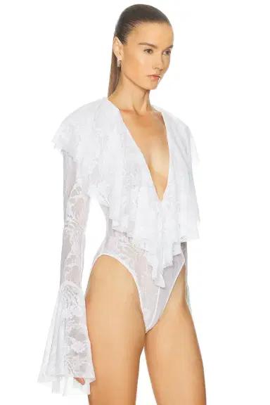 Norma Kamali Long Sleeve Deep V Ruffle Bodysuit | Thumbnail 3
