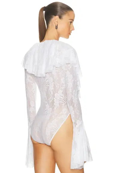 Norma Kamali Long Sleeve Deep V Ruffle Bodysuit | Thumbnail 4