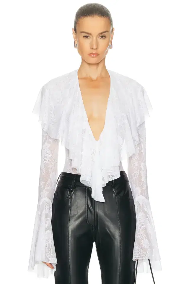 Norma Kamali Long Sleeve Deep V Ruffle Bodysuit