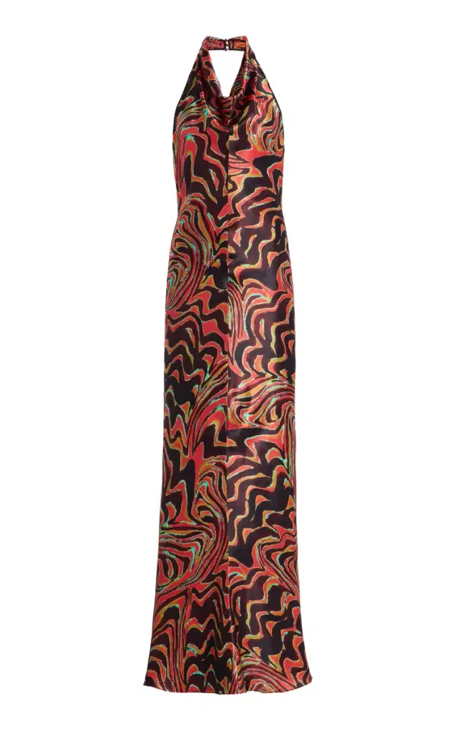 Printed Satin Cowl-Neck Halter Gown