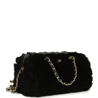 Chanel Chanel Mini Timeless Classic Barrel Bag with Chain Black Shearling Light Gold Hardware | Thumbnail 2