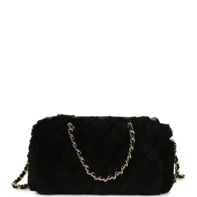 Chanel Chanel Mini Timeless Classic Barrel Bag with Chain Black Shearling Light Gold Hardware | Thumbnail 4