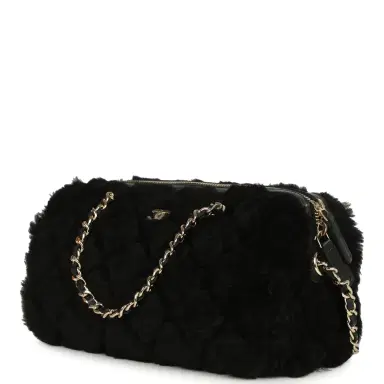 Chanel Chanel Mini Timeless Classic Barrel Bag with Chain Black Shearling Light Gold Hardware | Thumbnail 5