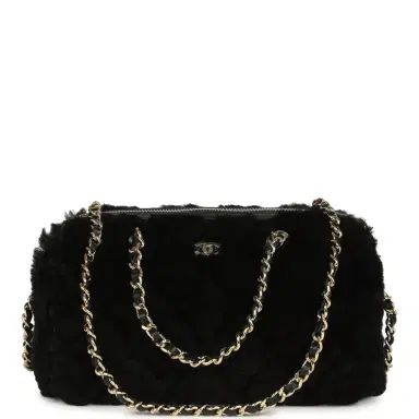 Chanel Chanel Mini Timeless Classic Barrel Bag with Chain Black Shearling Light Gold Hardware | Thumbnail 1