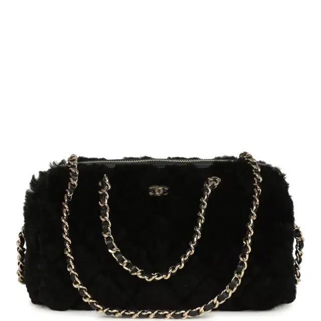 Chanel Chanel Mini Timeless Classic Barrel Bag with Chain Black Shearling Light Gold Hardware
