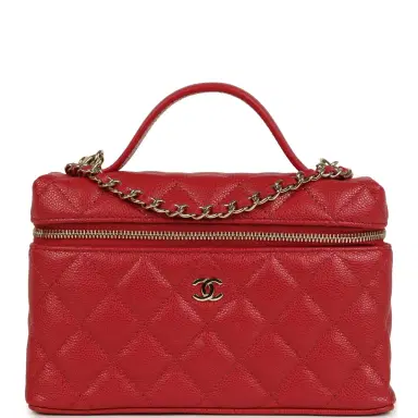 Chanel Chanel Top Handle Long Vanity Case with Chain Red Shiny Caviar Light Gold Hardware | Thumbnail 1 Chanel Chanel Top Handle Long Vanity Case with Chain Red Shiny Caviar Light Gold Hardware | Thumbnail 1