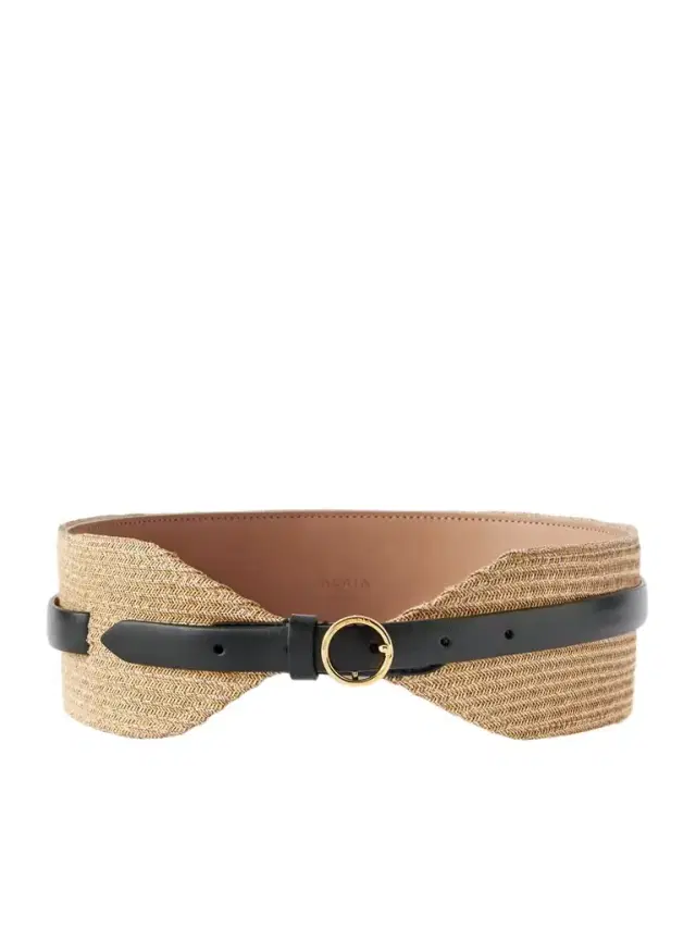 Leather-trimmed Raffia Waist Belt