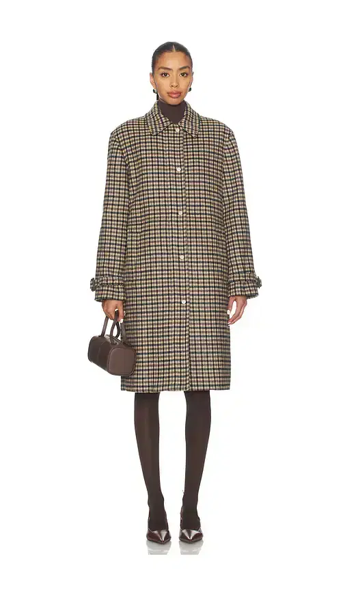 Vince Plaid Car Coat With Faux Leather Trim