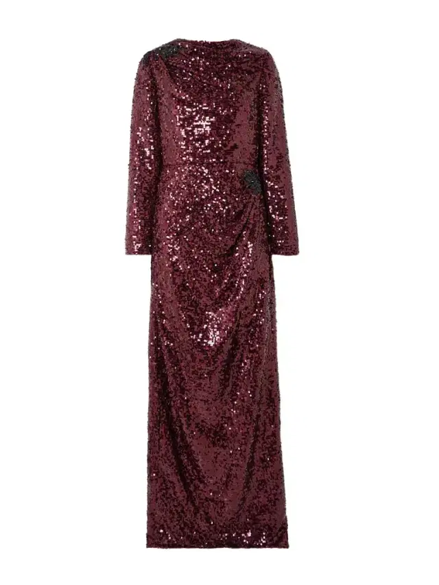 Crystal-embellished Draped Sequined Crepe De Chine Gown