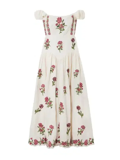 Agua by Agua Bendita Siembra Off-the-shoulder Appliquéd Embroidered Printed Linen Maxi Dress | Thumbnail 1 Agua by Agua Bendita Siembra Off-the-shoulder Appliquéd Embroidered Printed Linen Maxi Dress | Thumbnail 1