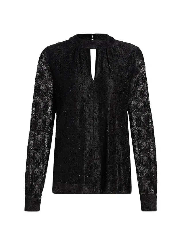 Elie Tahari Women's Azure Embellished Lace Blouse - Noir Allover Rhinestone