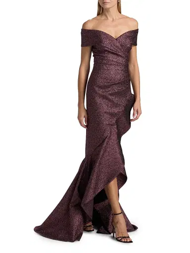Teri Jon by Rickie Freeman Women's Metallic Jacquard Off-the-Shoulder Gown - Amethyst - Size 18 | Thumbnail 2 Teri Jon by Rickie Freeman Women's Metallic Jacquard Off-the-Shoulder Gown - Amethyst - Size 18 | Thumbnail 2