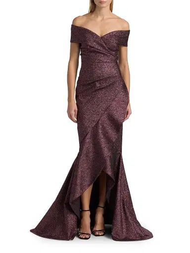 Teri Jon by Rickie Freeman Women's Metallic Jacquard Off-the-Shoulder Gown - Amethyst - Size 18 | Thumbnail 3 Teri Jon by Rickie Freeman Women's Metallic Jacquard Off-the-Shoulder Gown - Amethyst - Size 18 | Thumbnail 3